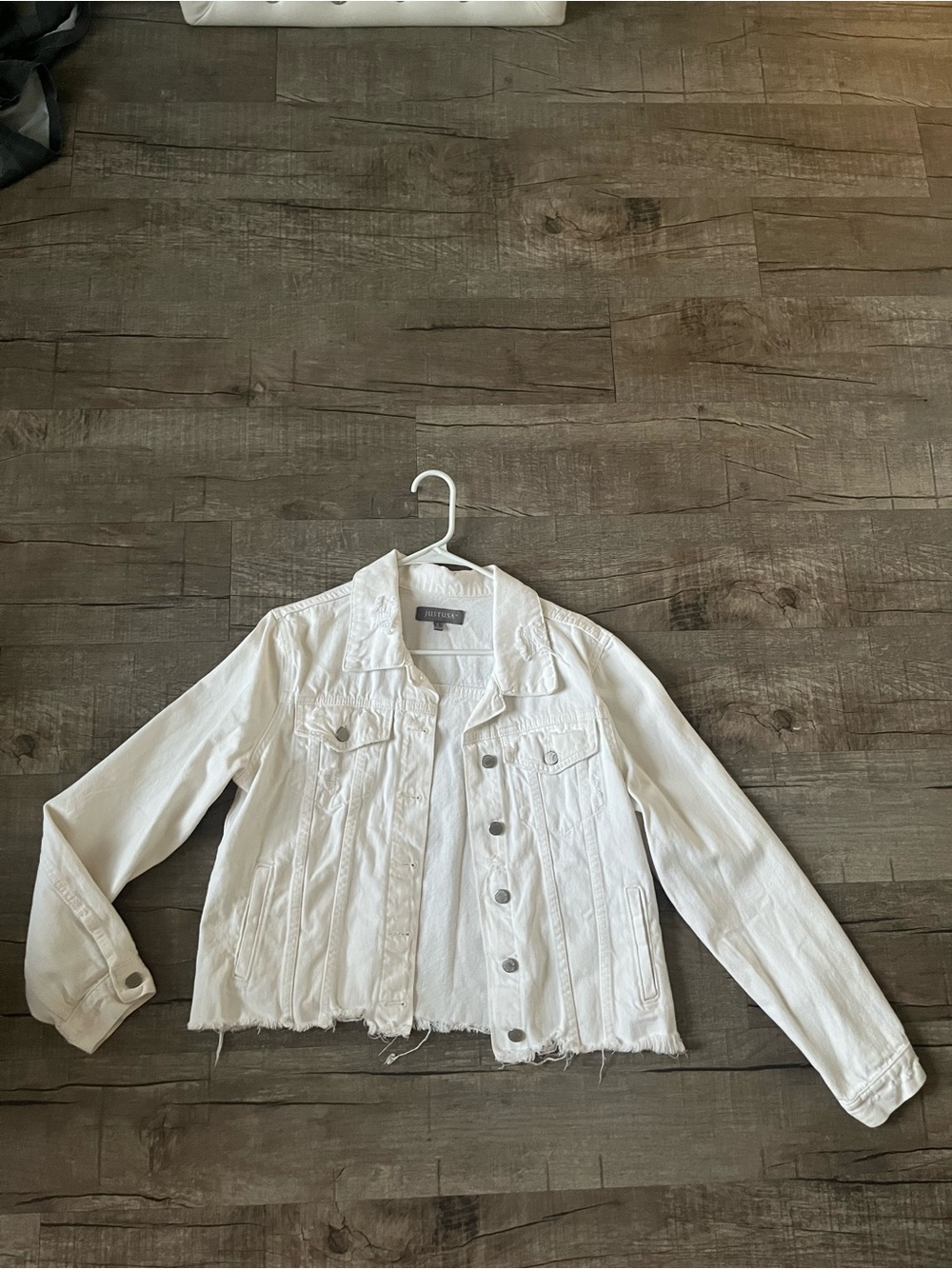 Just USA White Denim Jacket with Frayed Hem